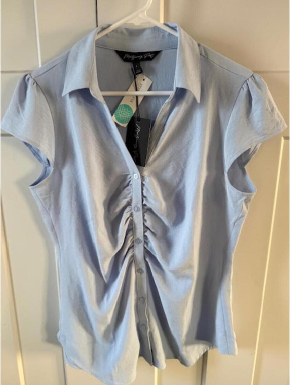 NWT Montgomery Post gathered fitted blue shirt some stretch button down sz Large